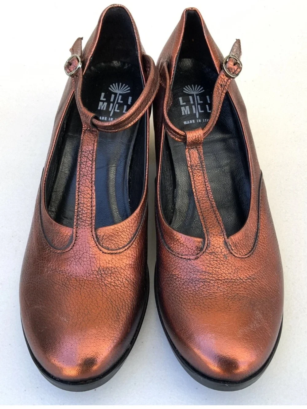 Lili Mill Women’s Bronze Metallic Leather T-Strap Mary Jane Heels EU 41 Italy